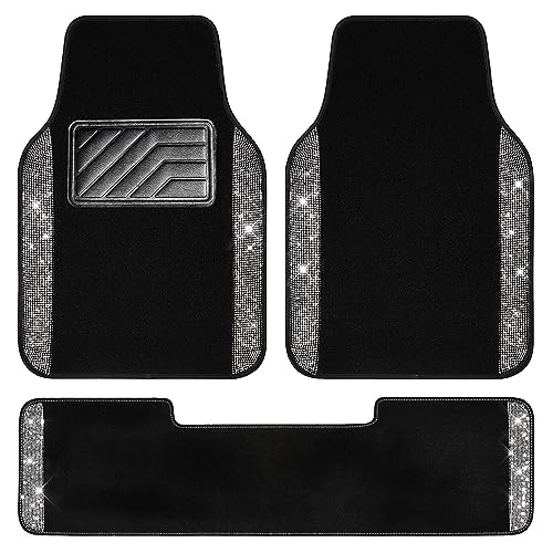 CAR PASS Bling Diamond Car Mats Shining Carpet Crystal Rhinestones Sparkly Glitter Floor Mats with Anti-Slip PVC Heel Pad Universal for Automotive SUV, Sedan, Van, 3pcs for Girl Women, Black Silver - color: Black Silver