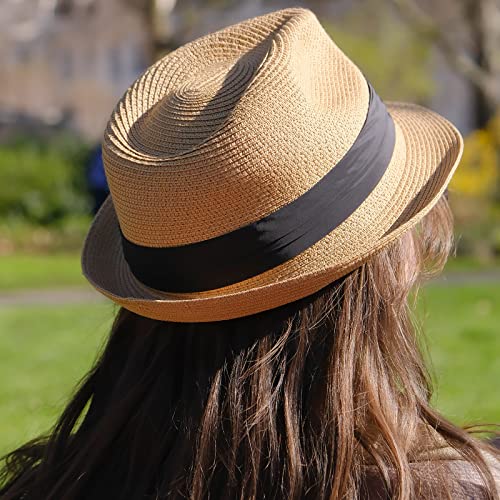 DRESHOW Women Straw Sun Hat Short Brim Panama Travel Fedora Summer Hat Roll Up Beach Cap for Women UPF 50+ - color: Ab Khaki G