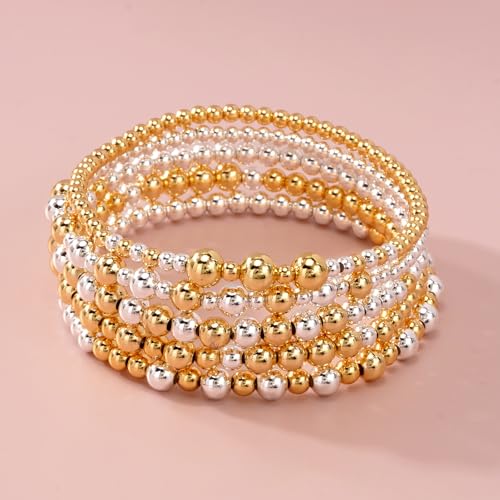 Gold Bracelets for Women Stackable 14K Gold Silver Plated Beaded Bracelets Stack Elastic Stretch Non Tarnish Bead Ball Stack Stretch Adjustable Dainty Jewelry Trendy Prom Gifts for Women - color: Gold Silver