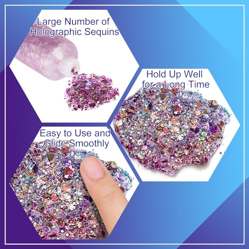 MEICOLY Chameleon Purple Hair Glitter,Holographic Chunky Face Body Glitter,Mardi Gras Accessories for Women,Self-Adhesive Color Changing Mermaid Face Glitter,Festival Makeup for Face Body Hair - color: chameleon purple body glitter