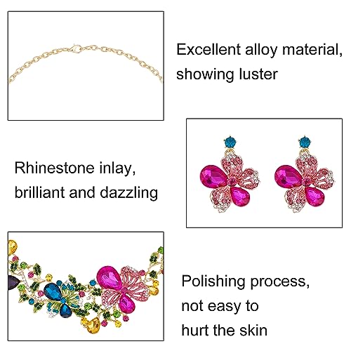 SUPERFINDINGS 2Pcs Crystal Flower Necklace Earrings Set Wedding Brides Jewelry Sets Rhinestone Bib Statement Necklace Fashion Flower Dangle Stud Earrings Prom Party Jewelry for Woman