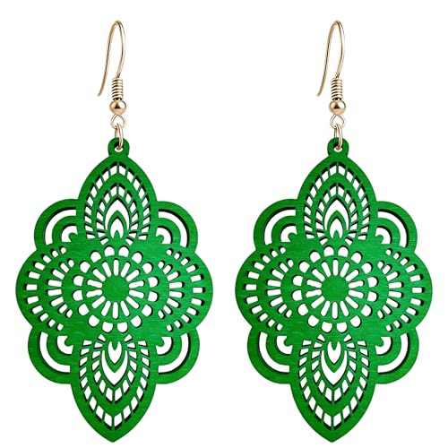 Bohemian Wood Earrings Natural Retro Lightweight Hollow Pattern Geometric Wooden Dangle Drop Earrings Statement Vintage Jewelry - color: mint green