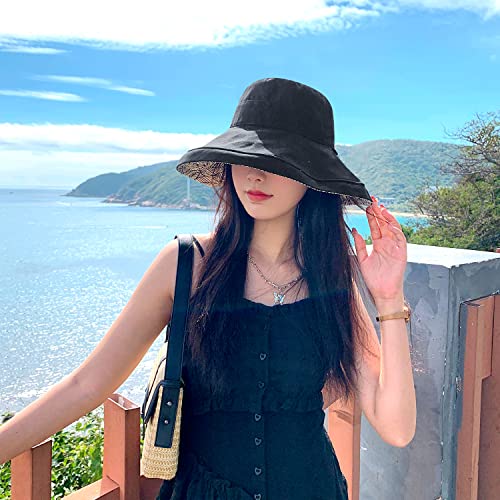 HUAMULAN Women Summer Sun Hat Wide Brim Wired Edge Floral Beach Bucket Hats Reversible Foldable Travel UV Protection Lady Hat - color: M2246-black