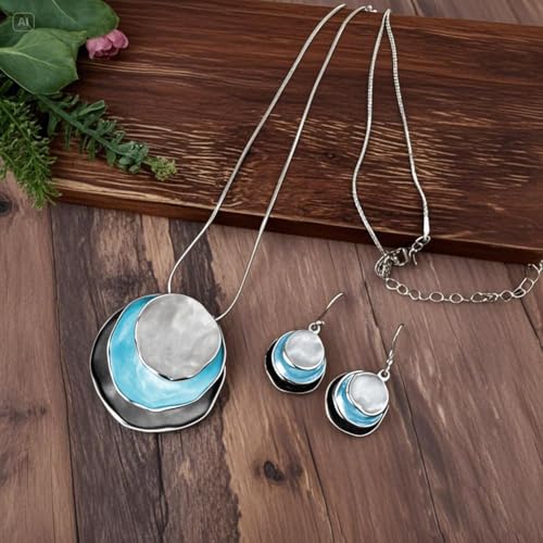 Boho Stud Earring Necklace Set,Vintage Jewelry Set,Trendy Dangle Disc Necklace Jewelry Sets for Women - color: Light-Blue