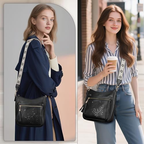 KITEVIUN Medium Crossbody Bags for Women Trendy, Women's Butterfly Shoulder Handbags with Tassel - color: 007-black