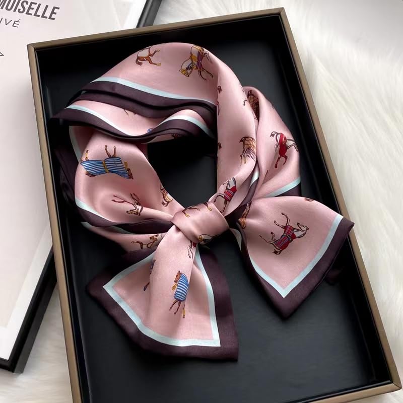 ANDANTINO 100% Silk Scarf for Women 59”*6.3” Long Shawls for Headscarf and Neck- Oblong Hair Wraps with Gift Packed - color: Pink-horses