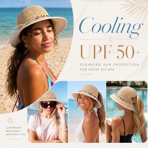 TOP-EX chicpony™ Cooling UPF 50+ Wide Brim Beach Hand Crochet Straw Hat - color: Khaki, size: Medium