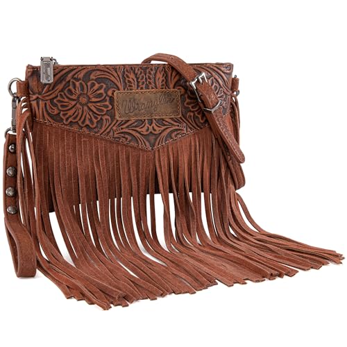 Wrangler Crossbody Small Purse for Women Wristlet Fringe Bag Western Purse - color: Angel Brown