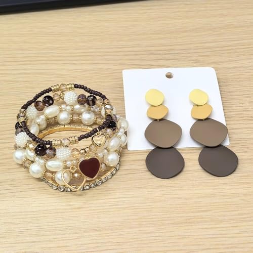 2 Pcs Western Jewelry for Women Bohemian Set, Boho Stackable Beaded Bracelets Vintage Round Disc Drop Earrings Stretch Brown Faux Pearl Heart Crystal Stretchy Bangles Prom