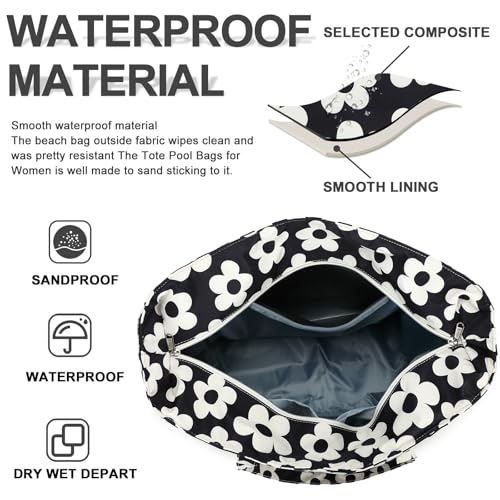 Bluboon Waterproof Beach Tote Pool Bags for Women Ladies Extra Large Carry On Bag With Wet Compartment for Weekender Travel - color: Beige Flower With Black Background