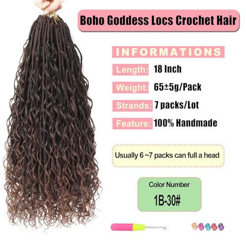 Goddess Locs Crochet Hair 7 Packs Bohemian Faux Locs Pre-Looped Braids, Boho Goddess Soft Locs Crochet Hair with Curly Ends Hair Extensions for Women (T30, 18 Inch) - color: T30, size: 18 Inch