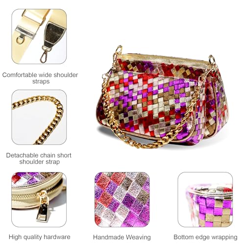 Handmade Woven Small Crossbody Bag for Women with Coin Purse, Designer Shoulder Handbag 3pcs Set, Mini Tote Clutch - color: Rose Multicolor