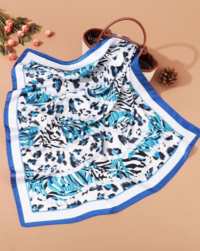 AWAYTR 27.5” Square Satin Head Scarf Hair Scarf for Women's Hair Silk Bandana for Women Silk Head Wrap for Sleeping - color: Cashew Print (Blue)