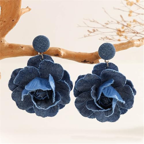 coadipress Boho Denim Camellia Flower Dangle Earrings for Women Exaggerated Big Layered Tiered Blossom Floral Drop Long Earring Chic Statement Earrings Wedding Bridal Jewelry Gifts - style: Flower Dark Blue
