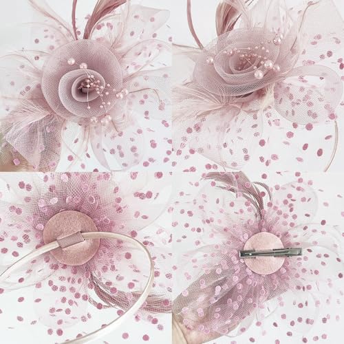 Fascinators Hat Pearl Earrings Necklace Bracelets Gloves 1920s Headband Hair Clips Women Flower Mesh Feather Headpiece Headwear Halloween Carnival Cocktail Wedding Tea Party Accessories Pink - color: Light Pink