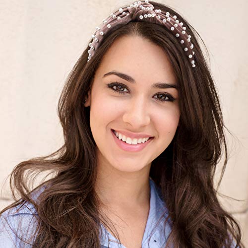 WILLBOND 3 Pieces Pearls Headband Knotted Headband for Women Velvet Pearls Headwear for Woman Hair Accessories (Beige, Pale Mauve, Black) () - color: Beige,Gray,White