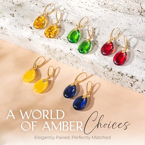 Leverback Dangle Earrings for Women – Gold-Plated 925 Silver Drop Earrings with Natural Yellow Baltic Amber Piece, Lightweight Jewelry with Secure Closure for Everyday Elegance - color: Amber
