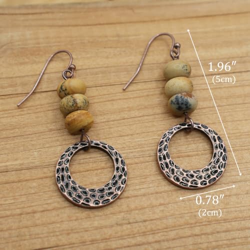 Boho Earrings for women, Hammered Copper Earrings, Bohemian Beaded Gemstone Rustic Jewelry, African Opal Earrings Handmade - style: Hammerd Thick Hoop