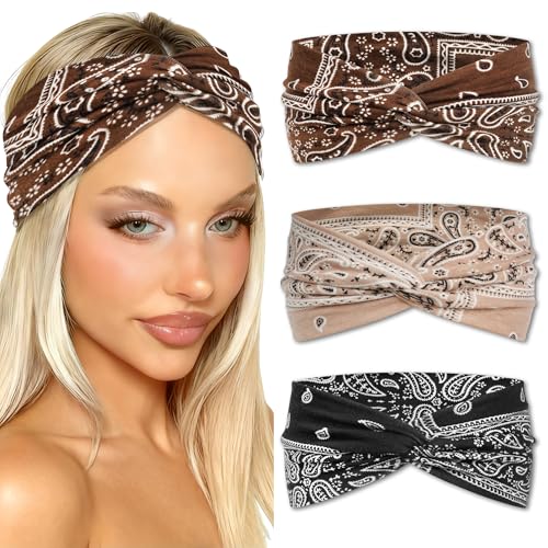 3 Pack Boho Headbands for Women Short Twist Knotted Head Wraps Turban Stretchy Leopard Hair Bands Elastic Non-Slip Workout Head Wraps Accessories - color: Bohemia