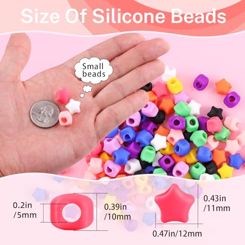 150Pcs Star Shaped Silicone Hair Beads for Braids, 5mm hole Soft Pony Beads Bulk, Multi-color Hair Jewerly Accessories Kit with 60 Rubber Bands and 1 Beader for Braids,DIY Bracelets and Crafts - color: Star-Multicolor-150pcs