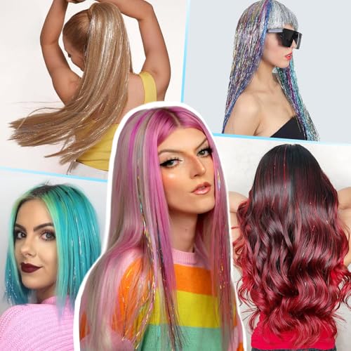 Hair Tinsel - 20 Colors Hair Tinsel Kit - 8000 Strands 48 Inch Glitter Tinsel Hair Extensions with Tools - Heat Resistant Sparkling Fairy Hair Accessories for Girls & Women