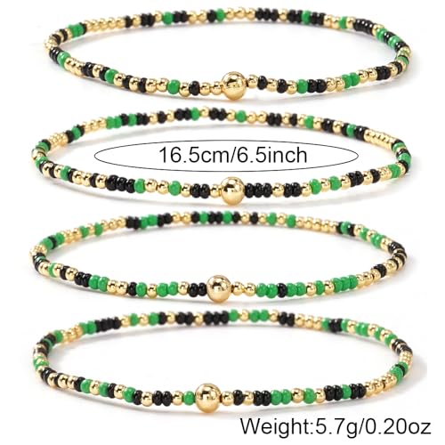 Boho 4Pcs Stack Colorful Small Seed Beaded Bracelets Set for Women, Cute Handmade Dainty Trendy Gold Plated Stretch Accessories Thin Glass Jewelry, Summer Daily Party Friendship Gift - color: Green