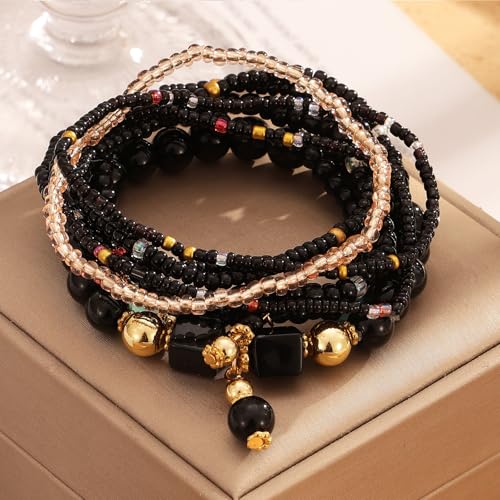 IFKM 8PCS Beaded Bracelets for Women, Multilayered Stackable Strand Stretch Bead Bracelet Pack Handmade Trendy Bohemian Charm Jewelry - color: Black