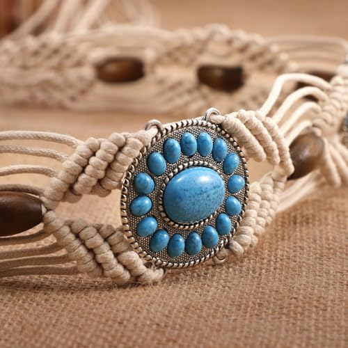WHIPPY Boho Turquoise Belt for Women Wax Rope Braided Waist Belt Western Hand-Woven Bead Tassel Belts for Dress, 2” Wide - color: Light Beige