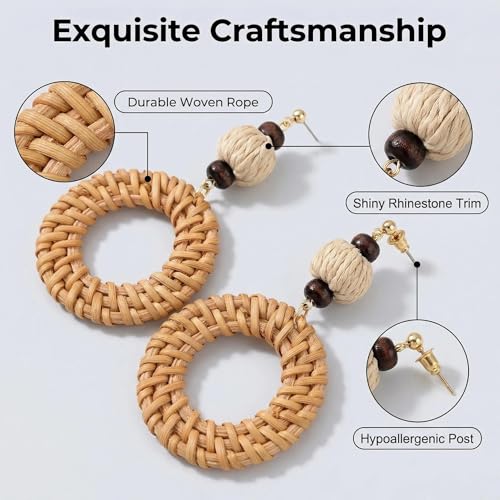 Woven Raffia Rattan Earrings for Women, Boho Flower Hoop & Drop Dangle Earrings Collection, Handmade Summer Beach Vacation Statement Earrings for Party Daily Wear - color: Rattan Bead Interlocking Hoop