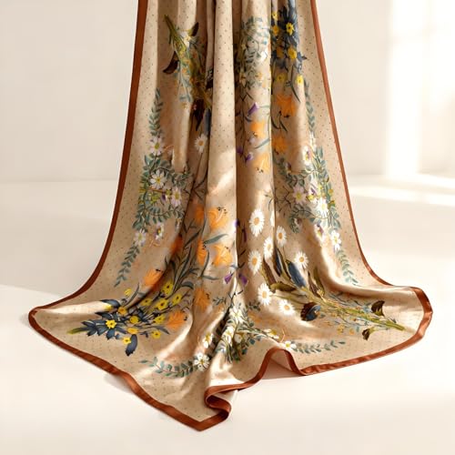 Premium Floral Scarf for Women 35x35 Square Silk Feel-Lightweight Scarves Headscarf Bandanas Wrapping Handbag - color: Light Brown