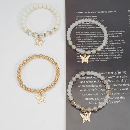 Bohemian Bracelet Sets for Women - 4-Pack Stackable Stretch Bead Bracelets with Black＆White Crystal & Gold Accessories, Multi-Layer Boho Jewelry - color: white butterfly