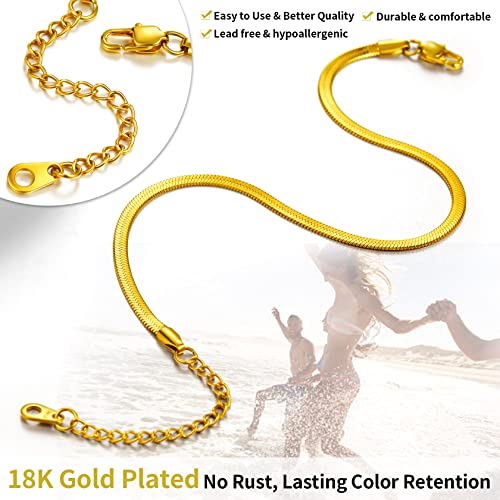 ChainsHouse Ankle Bracelets for Women, Stainless Steel Chain Anklets Waterproof, Women Summer Beach Jewelry Gift, Come with Box - color: 09. 3mm-Herringbone-Gold