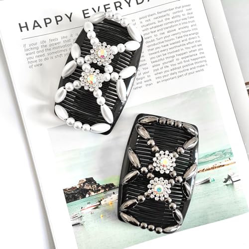 Quacc 2pcs Magic Bead Hair Combs Stretch Beaded Hair Combs Double Sided Clips Hair Comb for Women Girls DIY Hairstyling Hair Accessories (Black and White)