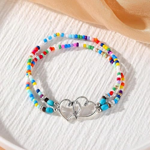 Qceasiy Shell Ankle Bracelet Set for Women, Gold Plated Boho Bead Adjustable Anklet, Hawaiian Beach Seashell Pearl Heart Starfish Conch Foot Jewelry Gifts - color: Double Heart(Colorful)