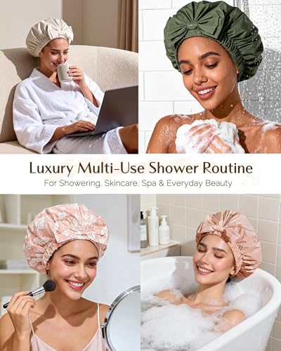 Yanibest Shower Cap Reusable Waterproof, Wide Elastic Band Bath Cap - Comfortable & Durable Bath Hair Hat for Women - color: Pink Leaves