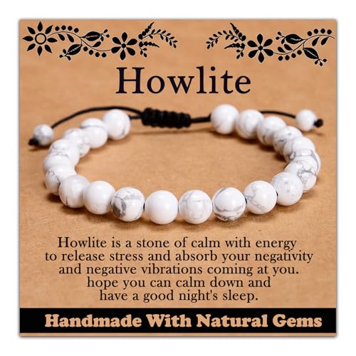 468Handmade Adjustable Natural Gemstone Crystal Bracelet Healing Power Energy Inspirational Gifts with Card for Unisex - color: 02-Howlite(Good Sleep), size: 8mm