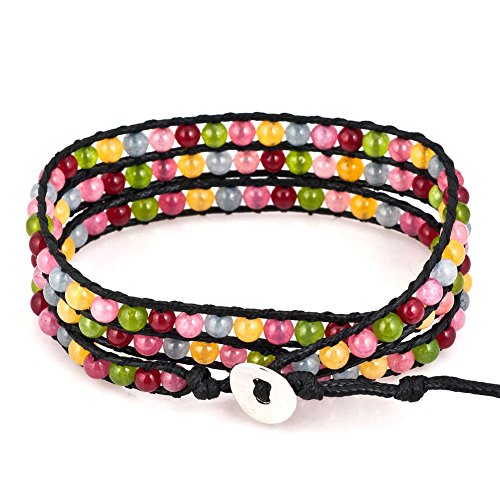Layered Leather Handmade Bracelet Boho Bohemian Style Multilayer Crystal Glass Natural Stone Beaded Wrap Bracelets Collection for Women - style: BR583