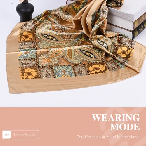 35 x 35 Women's Fashion Pattern Large Square Silk Like Hair Scarf Head Sleeping Wrap Satin Neck Bandana for Gift… - color: Big Cashew Camel