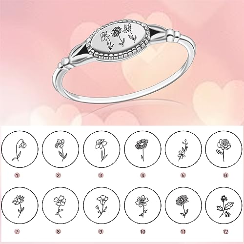 Birth Month Ring for Women Personalized Birthday Flower Signet Rings 925 Sterling Silver Vintage Rings Personalized Gift with Birth Flowers for Mom Daughter Girlfriend Wife Friend - color: 3 flowers