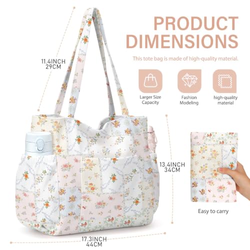 Corduroy Tote Bag for Women,Large Capacity Cute Tote Bags With 6 Pockets,Crossbody Shoulder Handbag for Work Travel Gym - color: Cottage Garden Patchwork