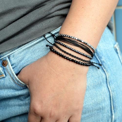 Mezcla Vida Handmade Waterproof Rope Bracelets Pack String & Beaded Bracelet Stack - Set of 5 Stackable Bracelets For Women, Summer Accessories & Bohemian Bracelets for Teen Girls - color: Black