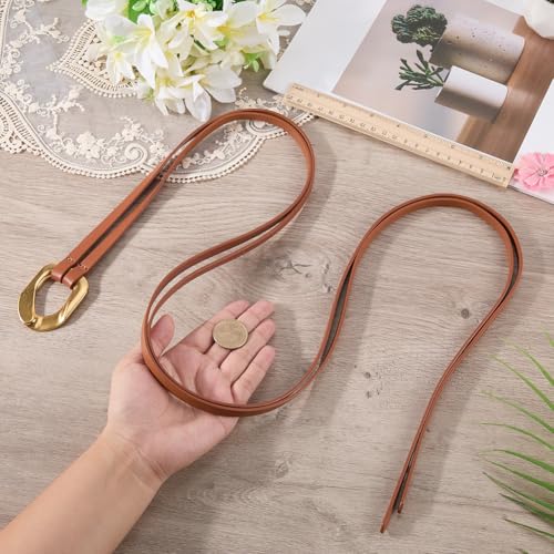 Genuine Leather Double Strap Tie Belt Adjustable Brown Cowhide Skinny Waistband - color: Brown