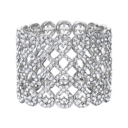 EVER FAITH Art Deco Love Knot Wide Stretch Bridal Bracelet Austrian Crystal - color: Clear Silver-Tone
