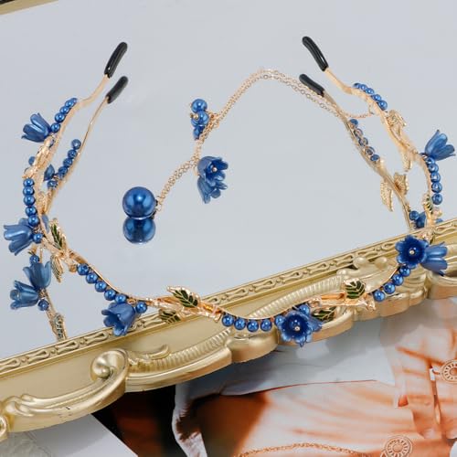 AHONEY Blue Flower Headband for Women Girls Hair Vine Leaf Boho Headband Wedding Fairy Accessories Headpiece - color: Blue
