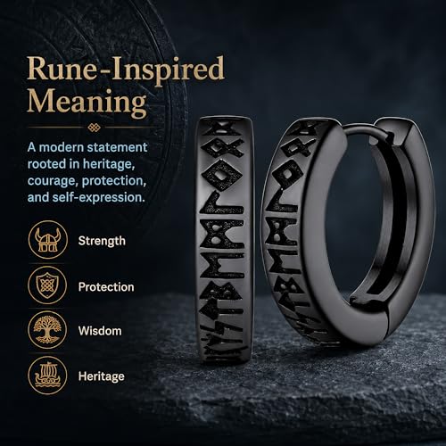 Viking Rune Hoop Earrings for Men, Black Stainless Steel Norse Amulet, Engraved Huggie Earrings, Mythological Warrior Jewelry
