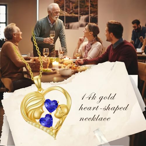 Mothers Day Gifts 14K Yellow Gold Mother Daughter Heart Pendant Necklace with 12 Months Birthstone Birthday Gifts for Mom Anniversarry Jewelry for Mom Wife Girlfriend - color: 09-09-Sept-Sept Birthstone