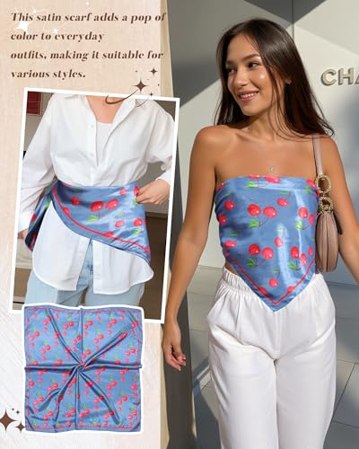 AWAYTR 35” Square Satin Head Scarf Hair Scarf for Women's Hair Silk Bandana for Women Silk Head Wrap for Sleeping - color: Cherry Blue