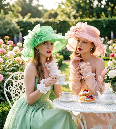 ORIDOOR Women’s Organza Church Tea Party Wedding Fascinator Derby Hat Wide Brim Sun Hats - color: C8-green