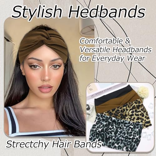 4 Pack Wide Leopard Print Headbands for Women Boho Twist Turban Headband Elastic Non Slip Workout Yoga Cross Hairband African Stretchy Hair Wrap Accessories - color: Leopard Print