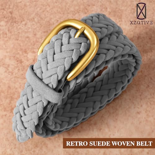 XZQTIVE Women’s Braided Suede Belt – Adjustable Woven Waist Belt with Gold Buckle for Dresses, Jeans & Casual Outfits - color: Grey, size: Small: fits waist from 28"-33"